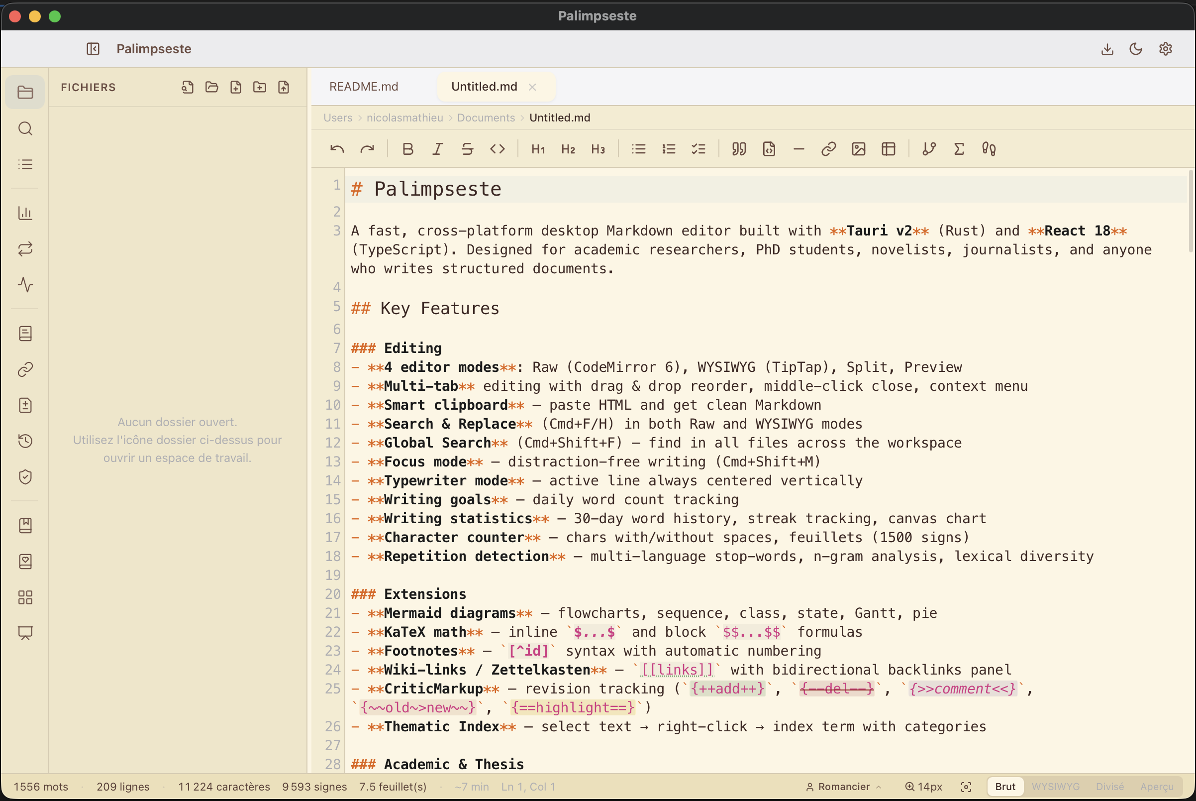 Palimpseste — Raw Markdown mode
