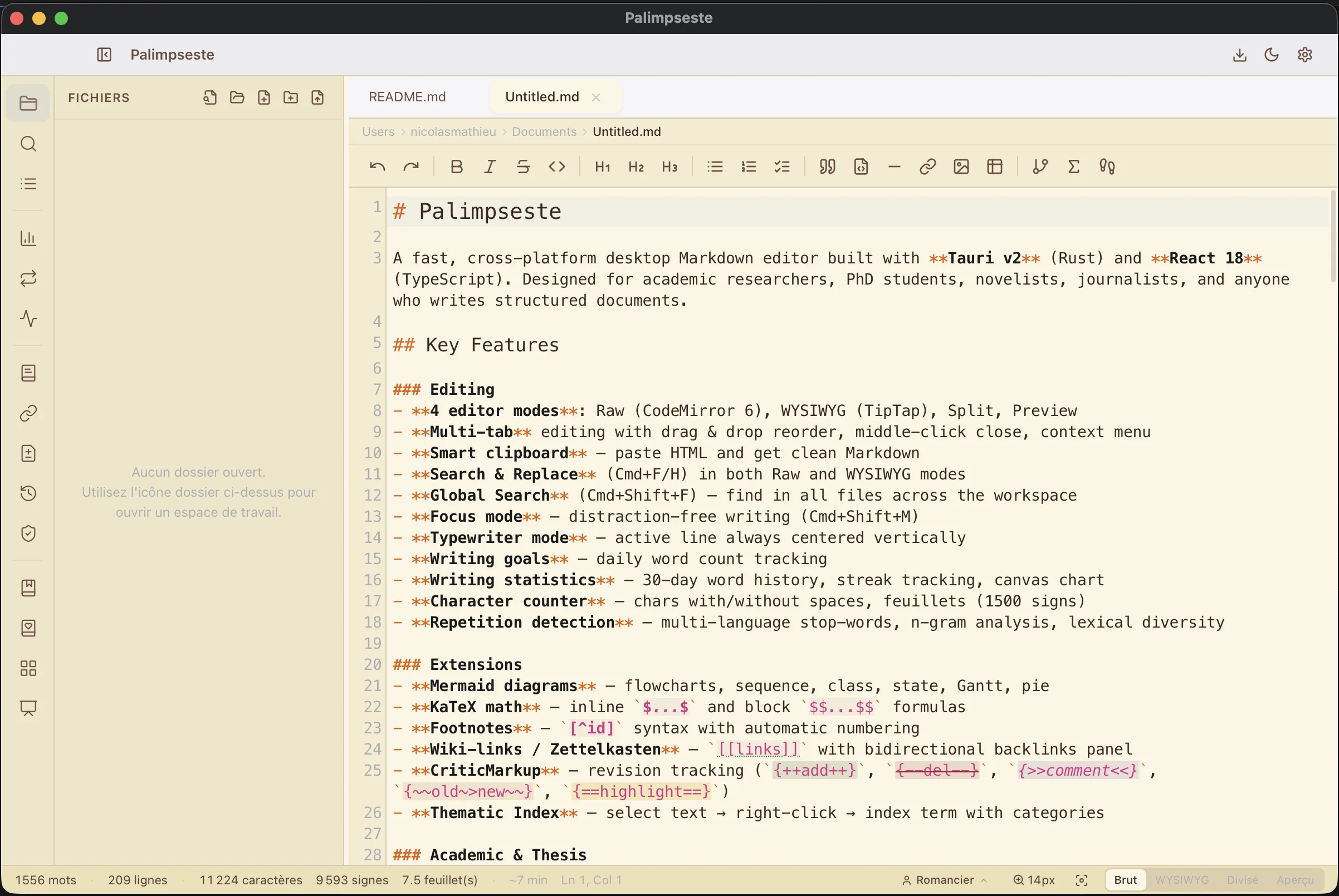 Palimpseste — Raw Markdown mode