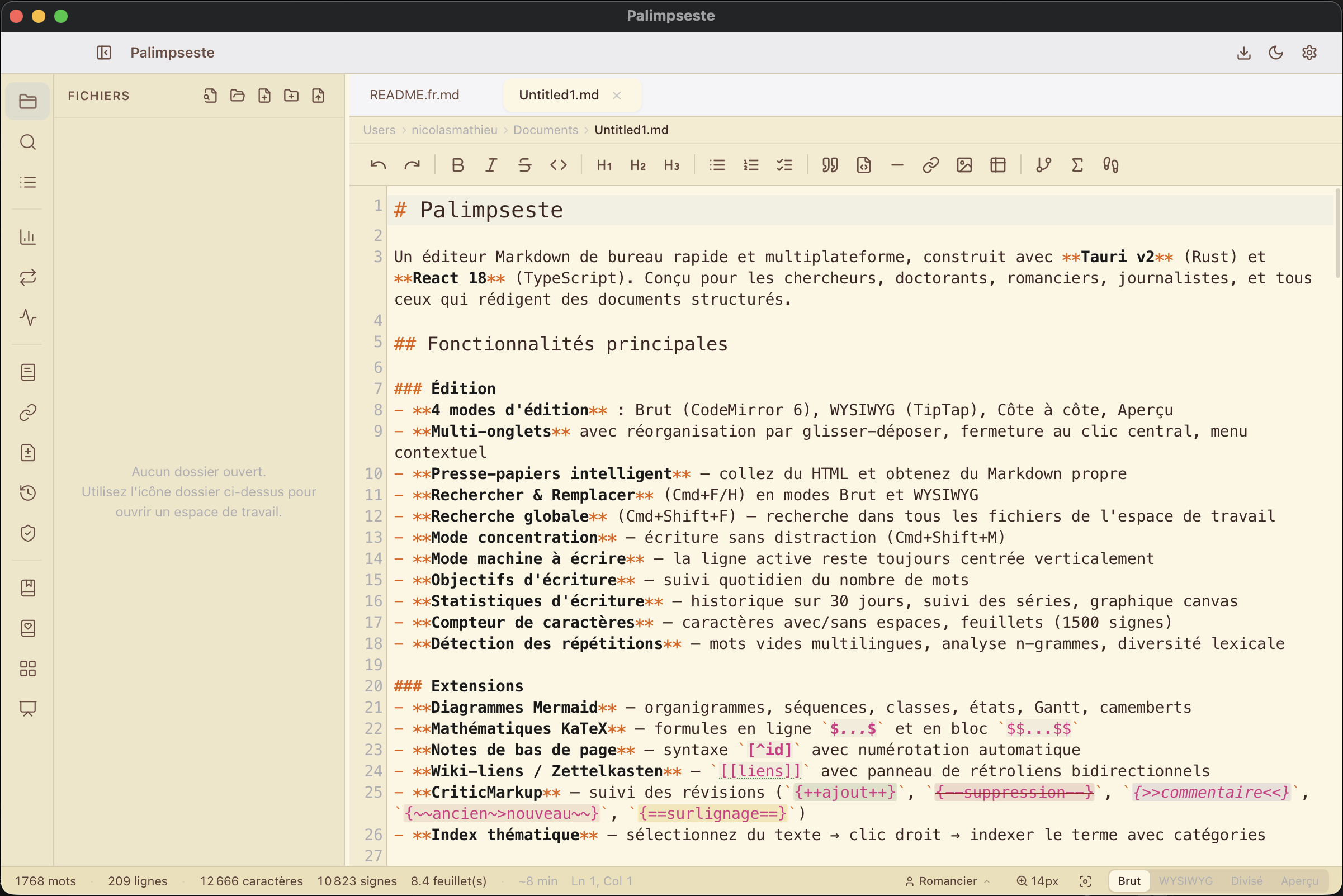 Palimpseste — mode Markdown brut
