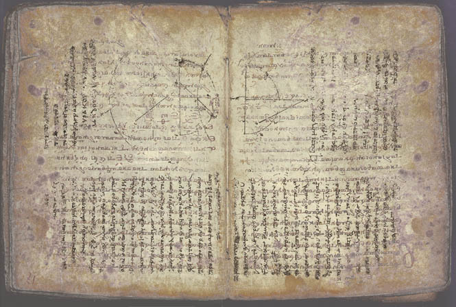 Page du palimpseste d'Archimède : le texte de prières du XIIIe siècle, à l'encre sombre, recouvre les lignes pâles du traité d'Archimède, tournées à angle droit.