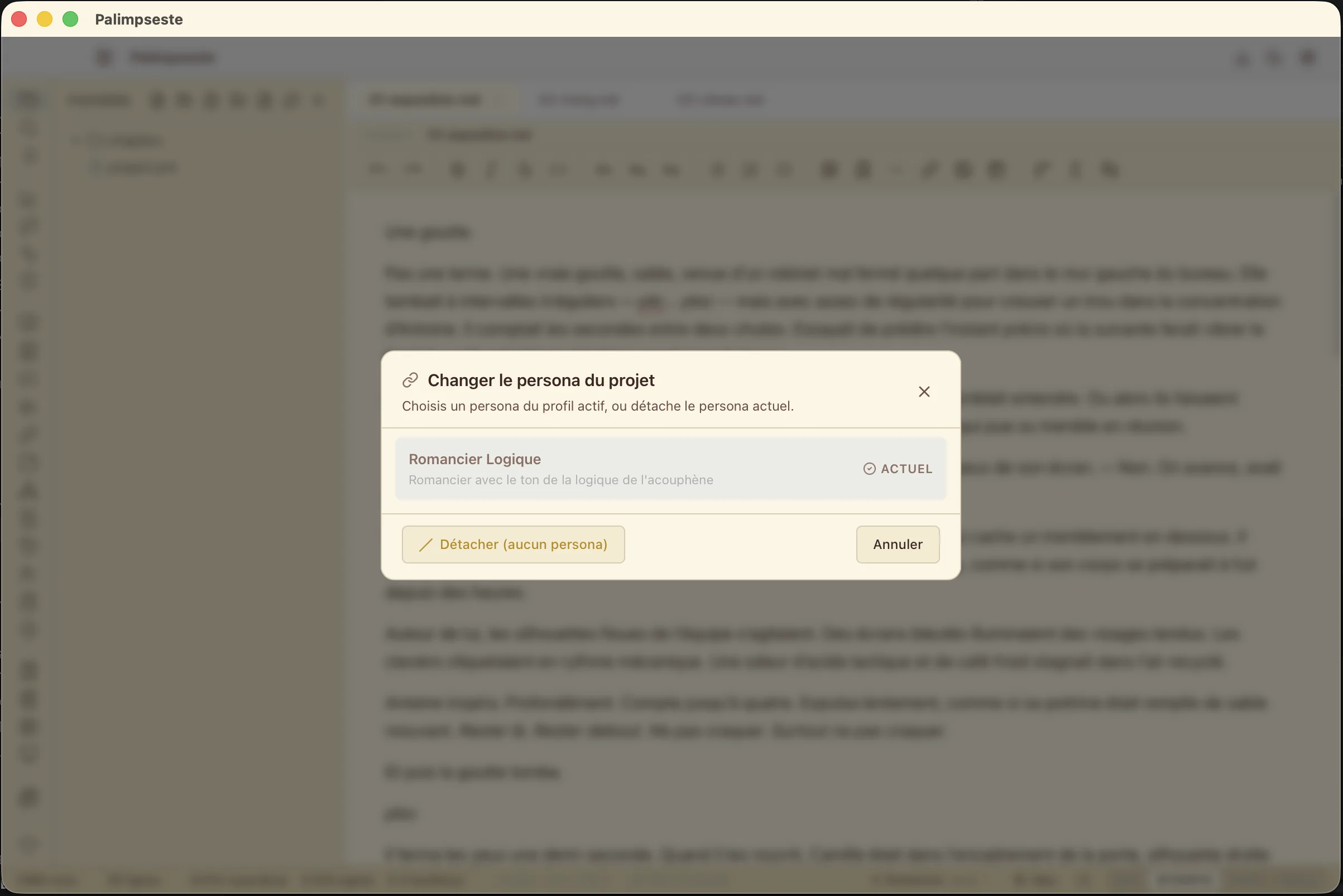 Picker d'attachement — sélection d'un persona à attacher au projet courant, avec aperçu des champs