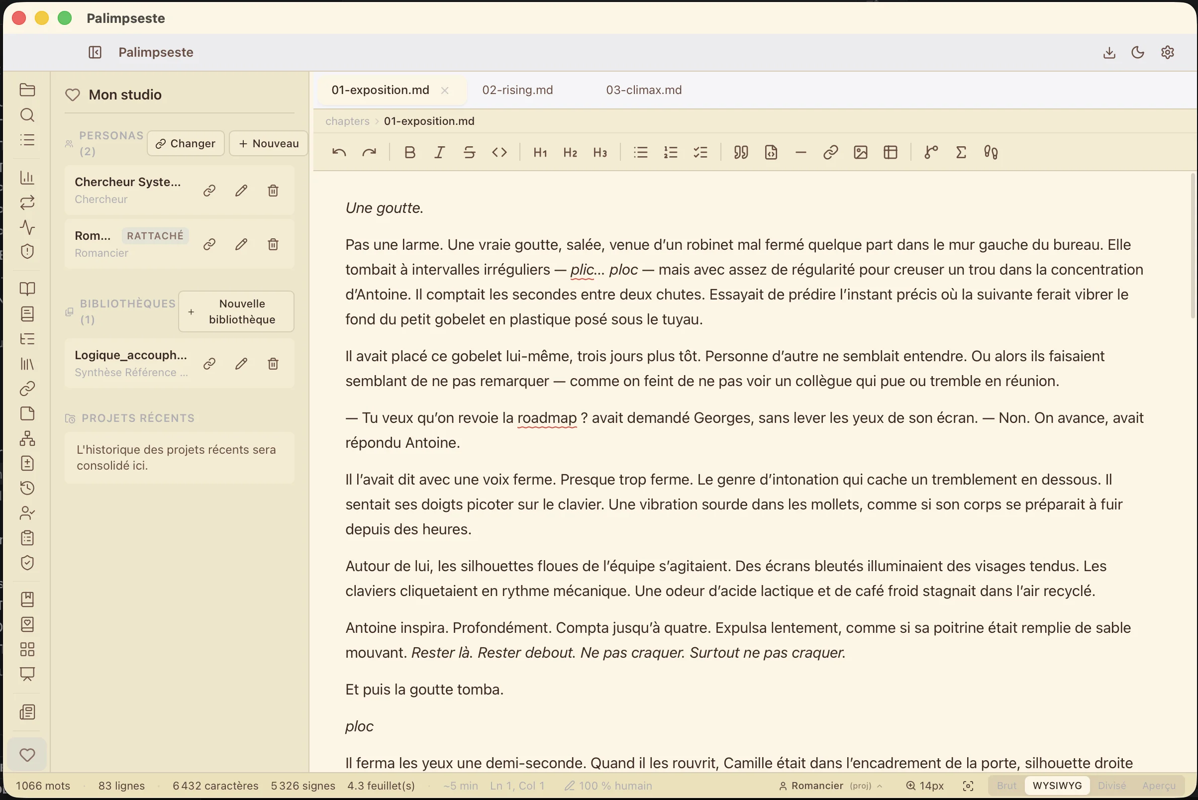 Mon Studio — bibliothèque locale de personas Palimpseste, liste avec preview voice et style guide