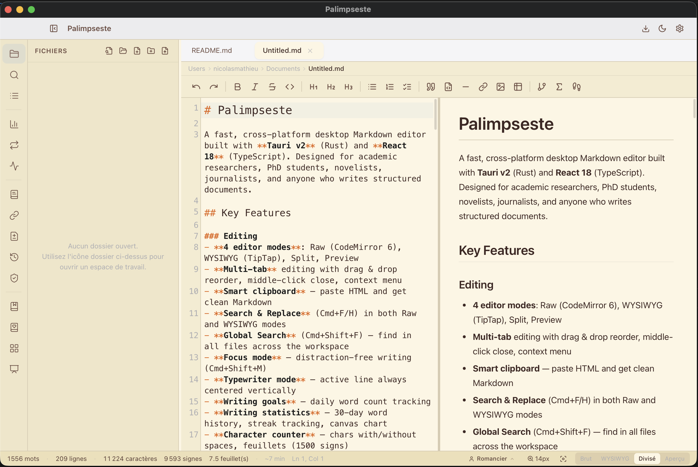 Palimpseste — Split mode, editing and preview side by side