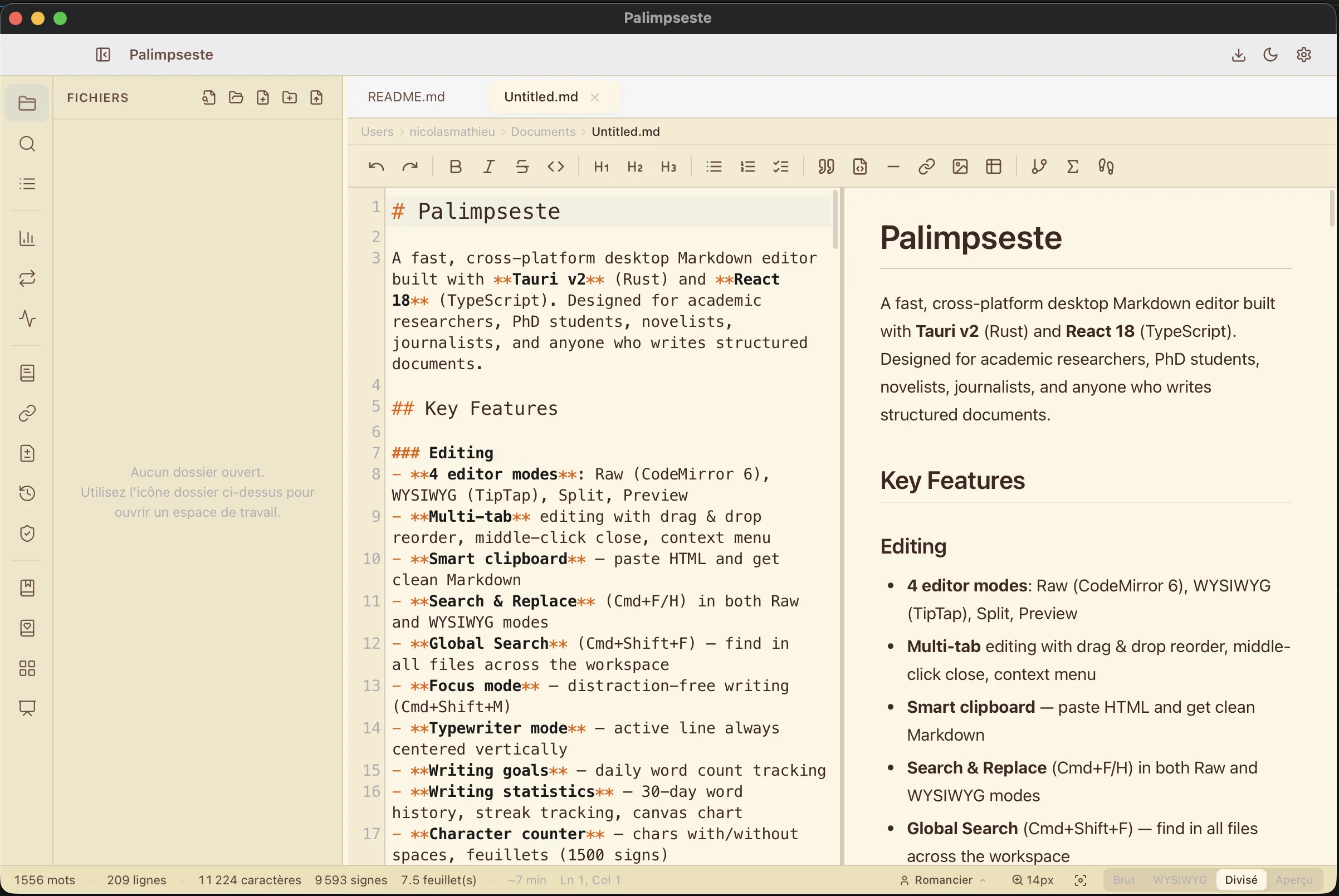 Palimpseste — Split mode, editing and preview side by side