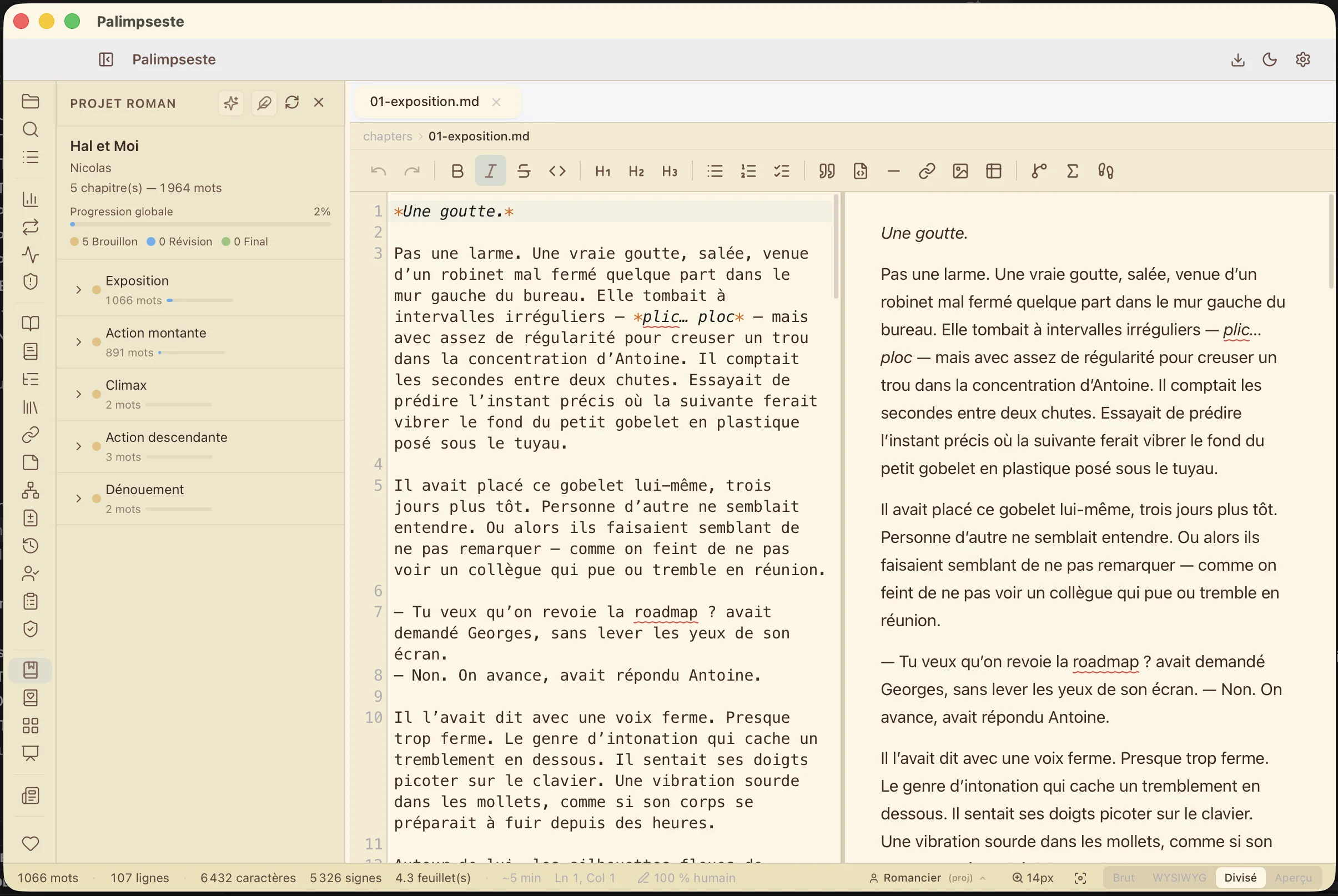 Projet roman avec Story Engine — chapitre généré, sidebar Roman, split mode