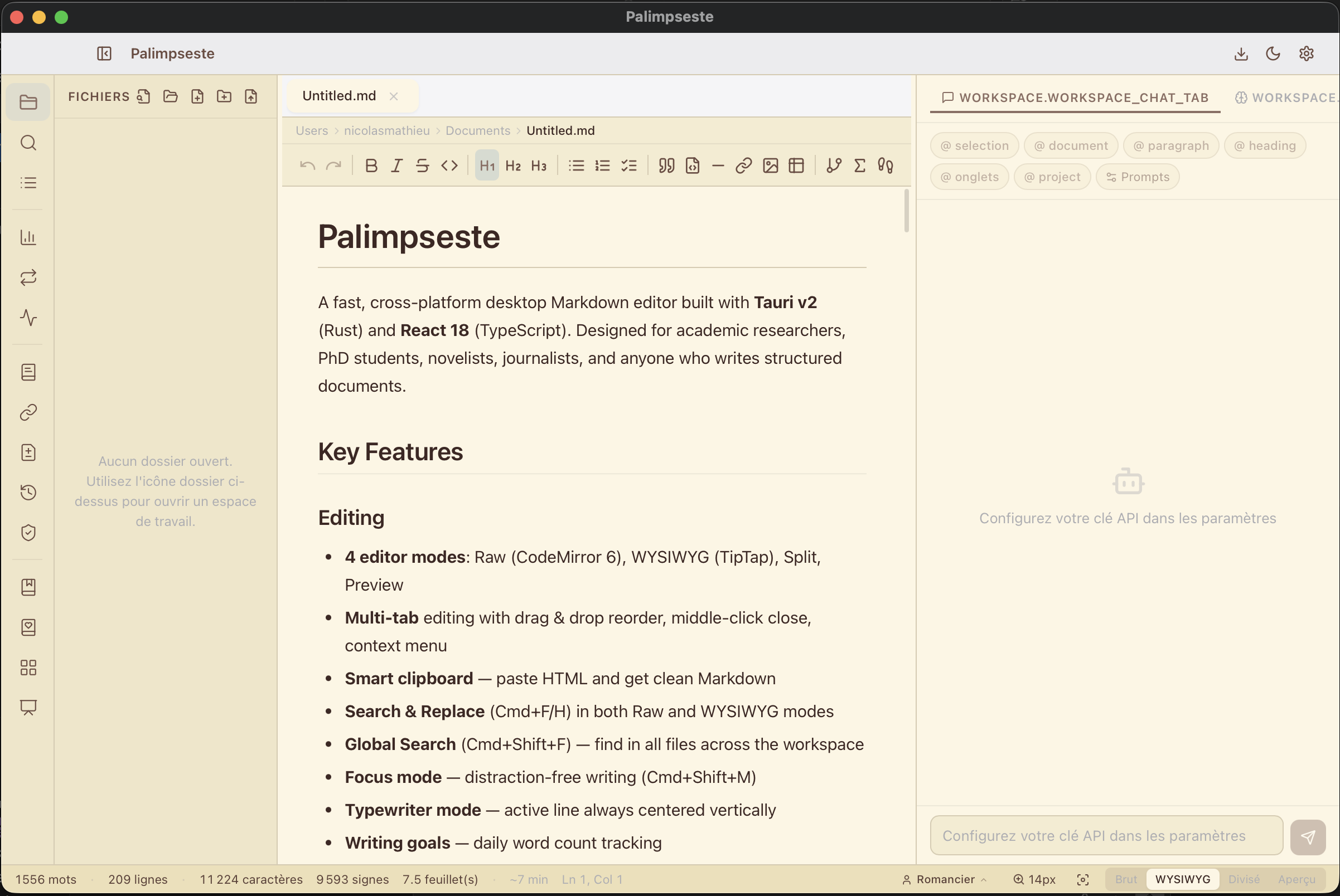 Palimpseste — WYSIWYG mode with toolbar